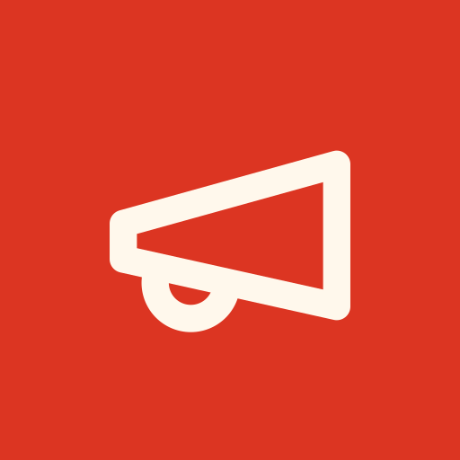 Pleons icon — a cream megaphone on a red background